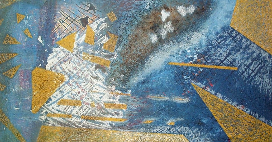 Alex Arnold - Blau-gelber Regen (2003). Mischtechnik auf Hartfaserplatte. 80x150 cm.